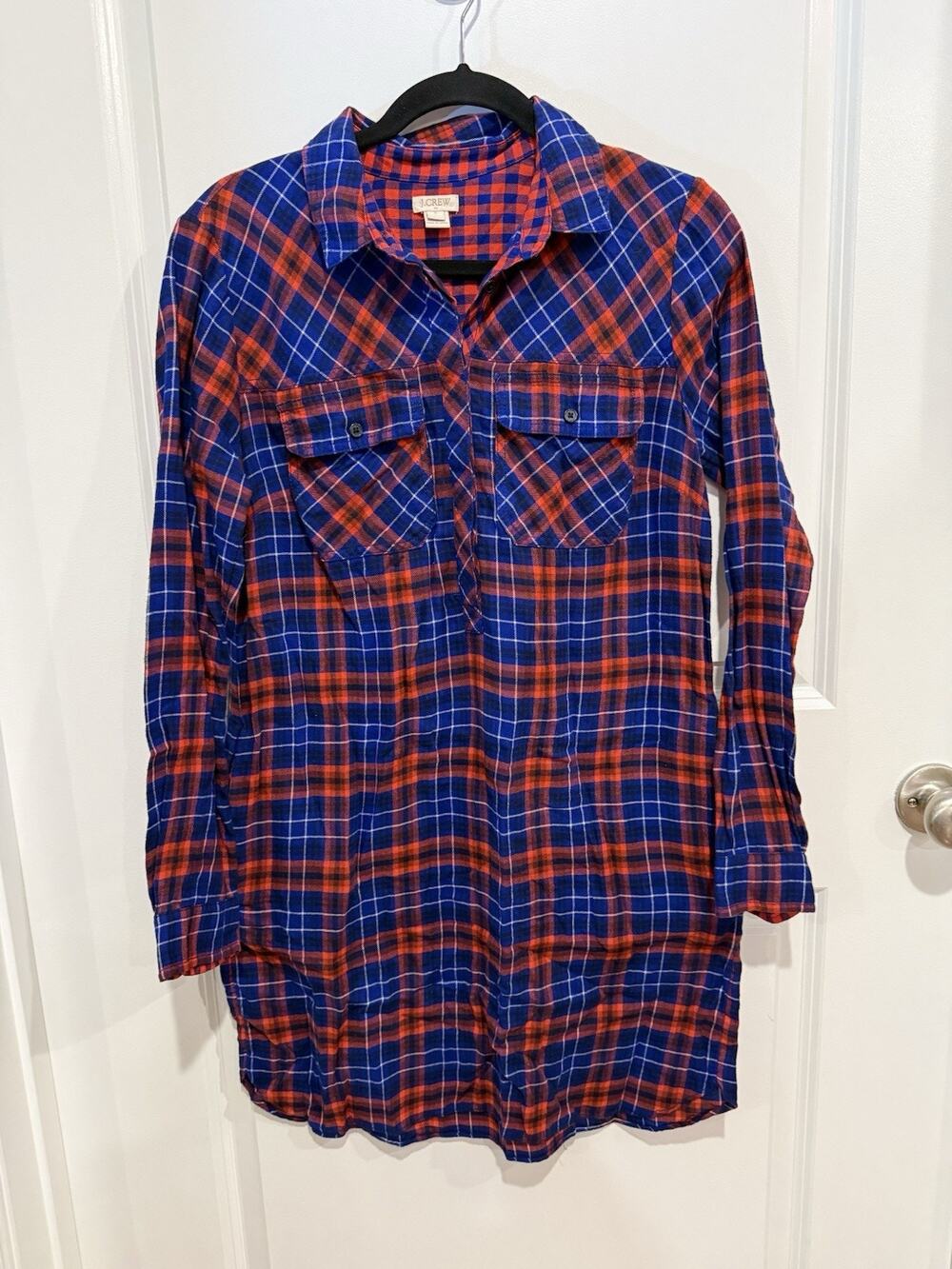 J Crew Shirt Dress Tartan Plaid Flannel Shirtdress Sz S Long Oversized Blue Red